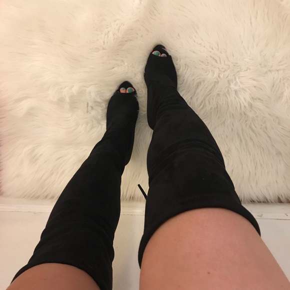 Elaine Over The Knee Peep Toe Black Suede Boots - Picture 3 of 8